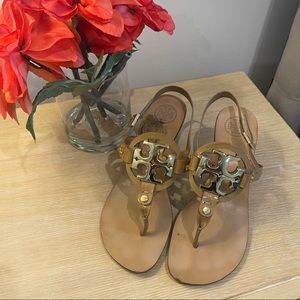 Tory Burch Tan Leather Logo Thong Sandals with Gold Logo